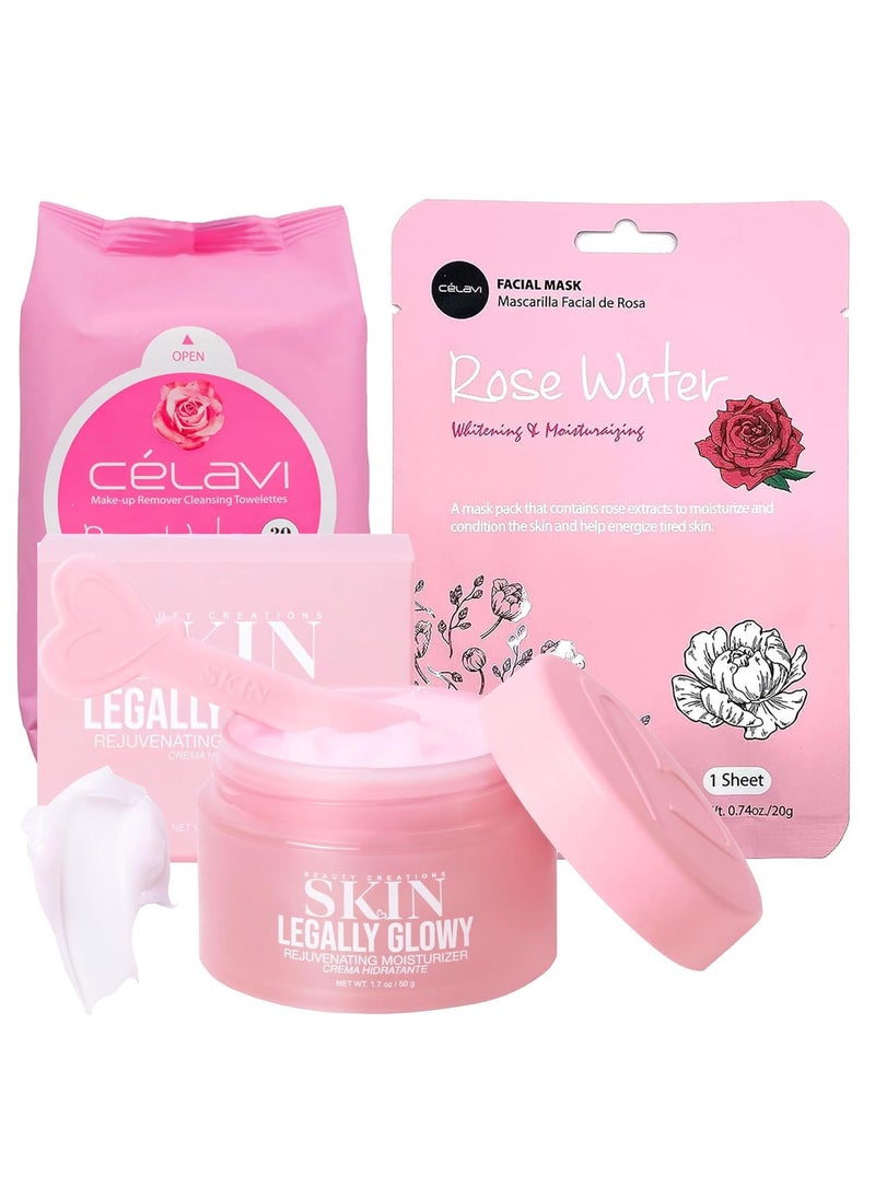 Glam Lux Bundle of 3 Korean Skincare Vegan Beauty Creations Legally Glowy Rejuvenating Moisturizer Clavi Korean Makeup Remover Cleansing Wipes  Korean Facial Mask Paraben Sulfate  Oil Free 
