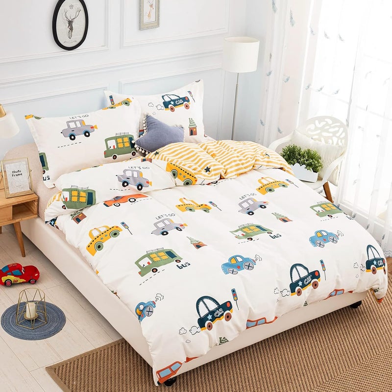 DJY Cars Cartoon Duvet Cover Set Twin Size, 2 Pieces 100% Cotton Breathable Bedding Sets (1 Duvet Cover+1 Pillowcase), Reversible Stripes Printed Comforter Cover Set for Kids Teens Boys Girls - Image 2