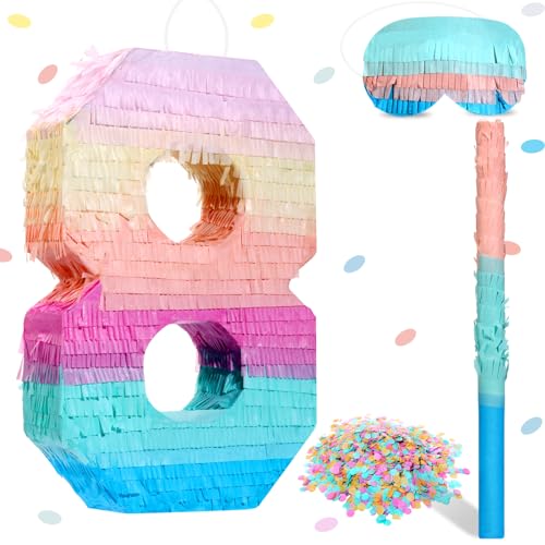 Jenaai 16 Inch Number Piata Kids Birthday Party Macaron Piata with Blindfold Stick and Confetti for Unicorn Birthday Wedding Baby Shower DecorNumber 8 - Image 1