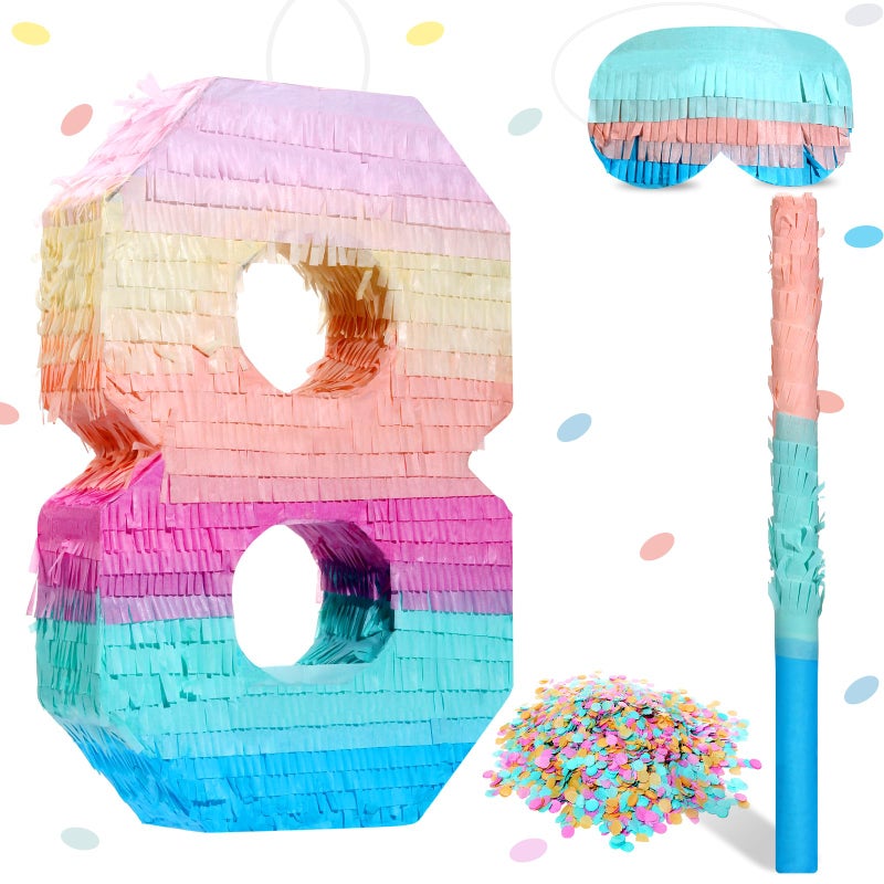 Jenaai 16 Inch Number Piata Kids Birthday Party Macaron Piata with Blindfold Stick and Confetti for Unicorn Birthday Wedding Baby Shower DecorNumber 8 - Image 2