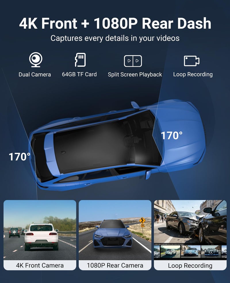 Promoterk Wireless CarPlay and Android Auto 10.26-inch Touchscreen, 4K Dash Camera and 1080p Backup Camera, Universal Portable car Display, Equipped with 64G Memory Card - Image 3