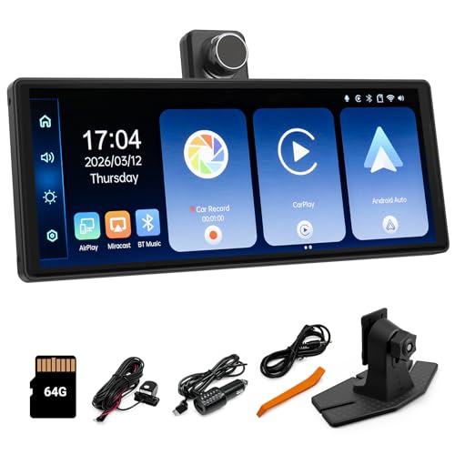 Promoterk Wireless CarPlay and Android Auto 10.26-inch Touchscreen, 4K Dash Camera and 1080p Backup Camera, Universal Portable car Display, Equipped with 64G Memory Card - Image 1