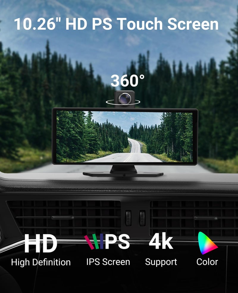Promoterk Wireless CarPlay and Android Auto 10.26-inch Touchscreen, 4K Dash Camera and 1080p Backup Camera, Universal Portable car Display, Equipped with 64G Memory Card - Image 2