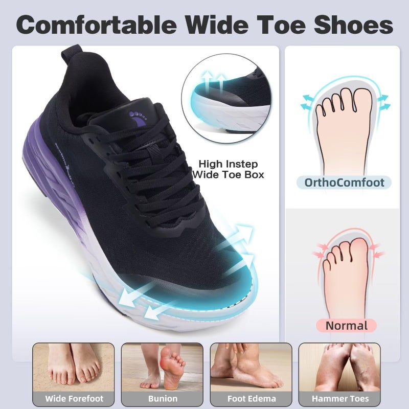 OrthoComfoot Women's Orthopedic Diabetic Wide Toe Box Casual Sneakers: Plantar Fasciitis Achilles Tendonitis Sneakers, Ultralight Arch Support Pain Relief Fashion Travel Golf Walking Shoes Black Purple Size 8.5 - Image 2