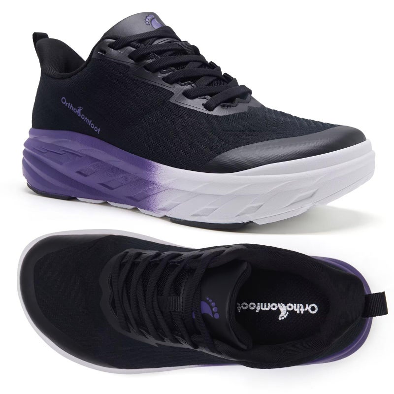 OrthoComfoot Women's Orthopedic Diabetic Wide Toe Box Casual Sneakers: Plantar Fasciitis Achilles Tendonitis Sneakers, Ultralight Arch Support Pain Relief Fashion Travel Golf Walking Shoes Black Purple Size 8.5 - Image 1