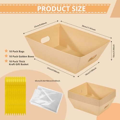 Whdiystella 10 Pcs Thick Kraft Empty Gift Baskets with Handles,10 Bows 10 Bags Empty Gift Baskets 12 * 8.86" for Christmas, Valentine’s Day, Easter, Birthdays,Wedding Party - Image 2