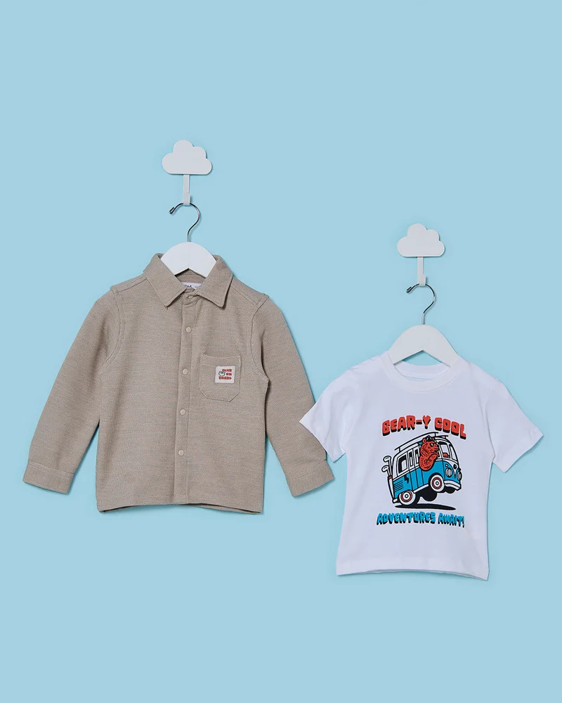 Redtag Infant Boys Beige And White Shirt And T-shirt