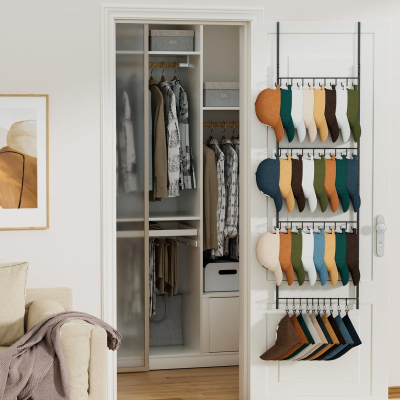HapiRm Over the Door Hat Organizer - 4 Tier Wall Mounted Hat Rack with 24 Hooks and 10 Movable Clips, Hanging Baseball Cap Organizer Storage Holds to 34 Caps for Door, Bedroom, Closet - Image 5