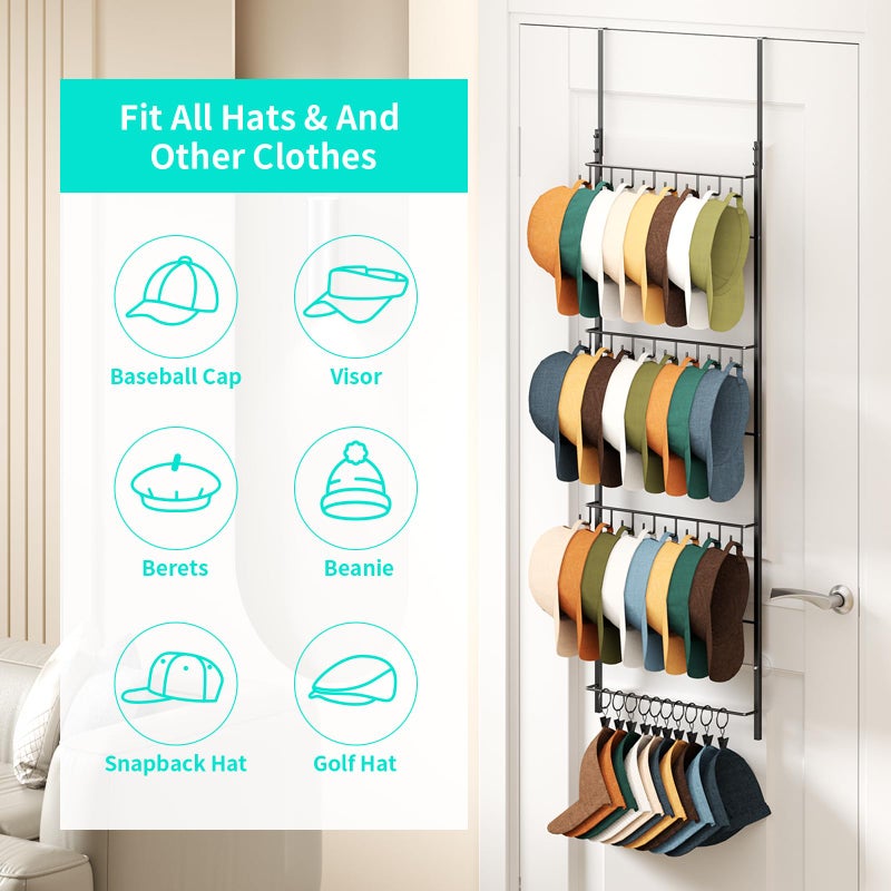 HapiRm Over the Door Hat Organizer - 4 Tier Wall Mounted Hat Rack with 24 Hooks and 10 Movable Clips, Hanging Baseball Cap Organizer Storage Holds to 34 Caps for Door, Bedroom, Closet - Image 4