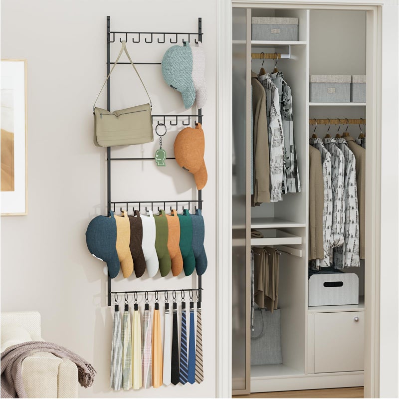 HapiRm Over the Door Hat Organizer - 4 Tier Wall Mounted Hat Rack with 24 Hooks and 10 Movable Clips, Hanging Baseball Cap Organizer Storage Holds to 34 Caps for Door, Bedroom, Closet - Image 2