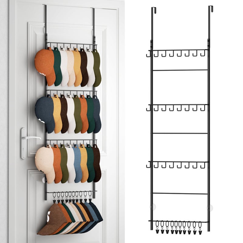 HapiRm Over the Door Hat Organizer - 4 Tier Wall Mounted Hat Rack with 24 Hooks and 10 Movable Clips, Hanging Baseball Cap Organizer Storage Holds to 34 Caps for Door, Bedroom, Closet - Image 1
