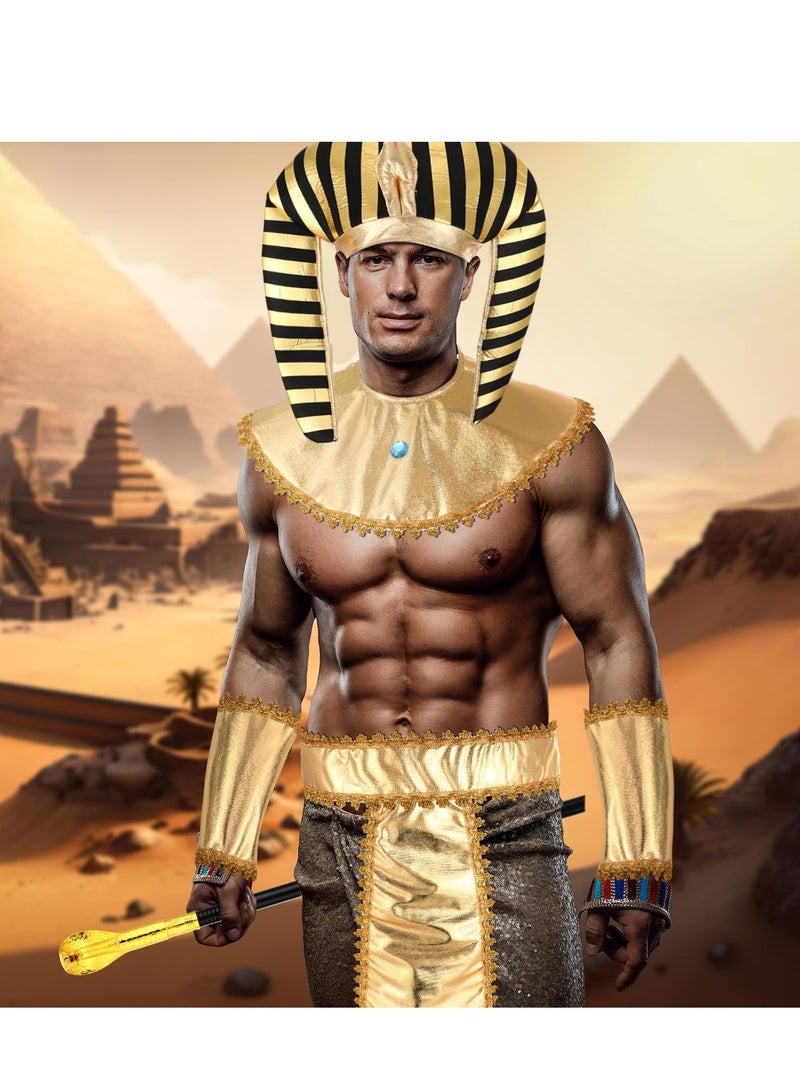 SYOSI Egyptian Pharaoh Costume Cosplay Set, 5 Pcs Men Egyptian Costume for Masquerade Ball & Cosplay Party, Included Pharaoh Hat Egyptian Headpiece, Cuffs, Cobra King Cane, Egyptian Belt, Pharaoh Collar - Image 2