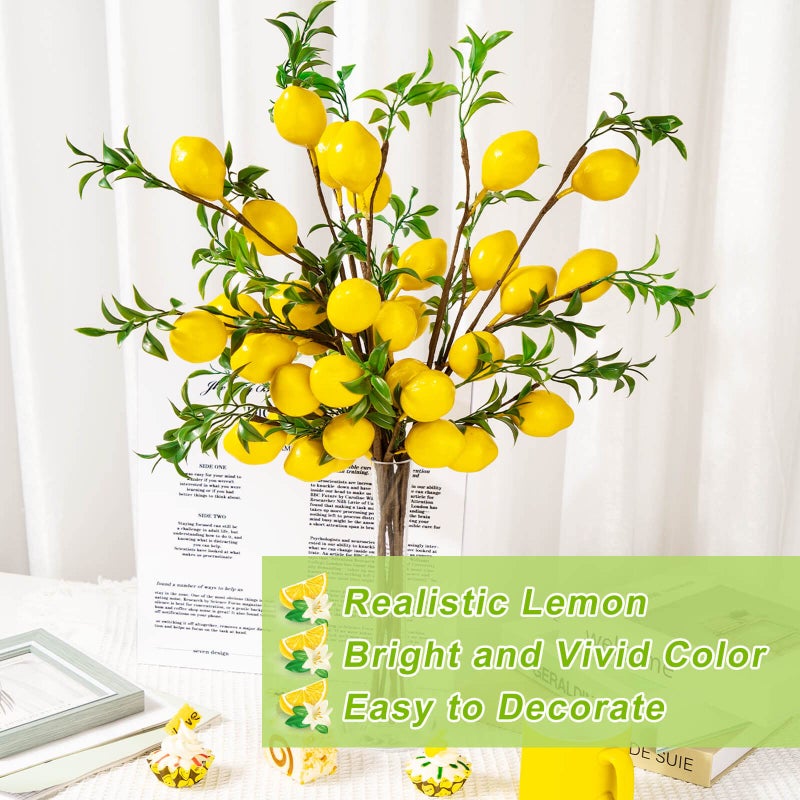 TORINALITAL 4Pcs Artificial Lemons Branch, 19 Inch Vivid Yellow Fake Lemons Branch with Green Leaf and Adjustable Branch, Lemon Decor for Home Kitchen, Graden, Office Desk, Party Summer Decorations - Image 2