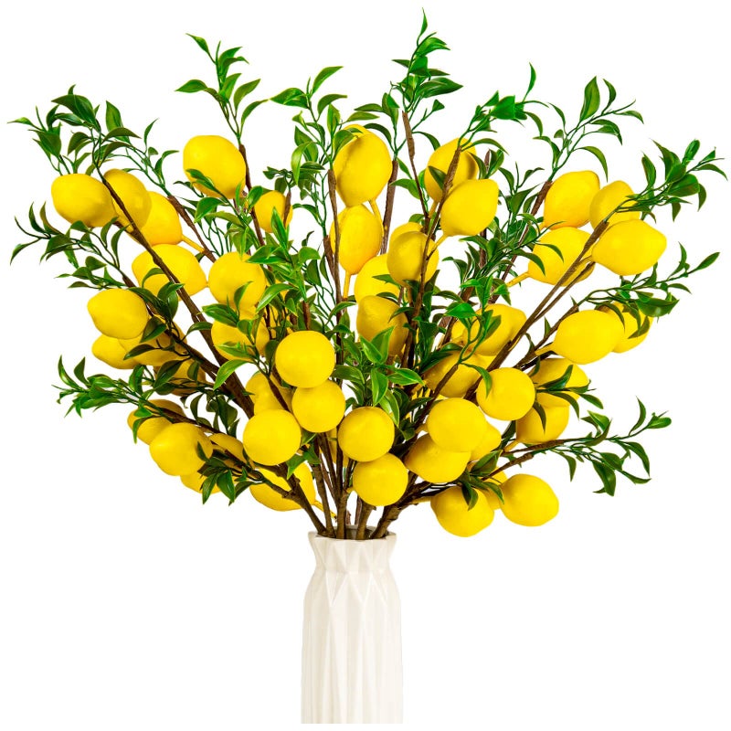 TORINALITAL 4Pcs Artificial Lemons Branch, 19 Inch Vivid Yellow Fake Lemons Branch with Green Leaf and Adjustable Branch, Lemon Decor for Home Kitchen, Graden, Office Desk, Party Summer Decorations - Image 1