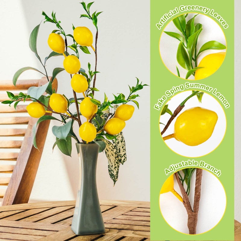 TORINALITAL 4Pcs Artificial Lemons Branch, 19 Inch Vivid Yellow Fake Lemons Branch with Green Leaf and Adjustable Branch, Lemon Decor for Home Kitchen, Graden, Office Desk, Party Summer Decorations - Image 3