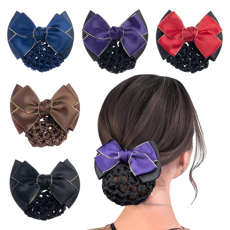 TXIN 5 Pieces Women Hair Snood Net Golden Edge Bowknot Decor Barrette Elastic Mesh Hair Bun Cover Satin Bow Hairnet Professional Hair Clip Hairpin for Women Girls Hair Styling Accessories, 5 Colors
