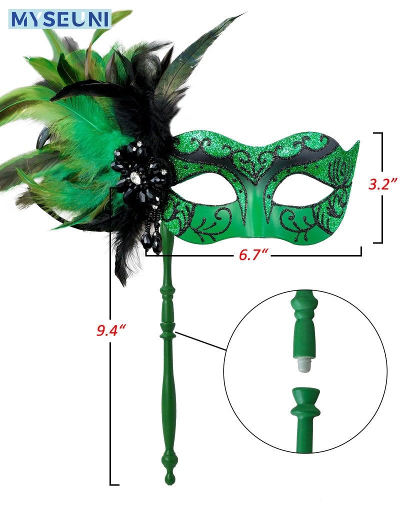 MYSEUNI 2025 New Green Masquerade Mask for Women with Stick - Shiny Women's Feather Mardi Gras Mask Green for Halloween Parties, Carnival, Cosplay Prom, Christmas, Wedding, Bar, Costume Accessory - Image 2