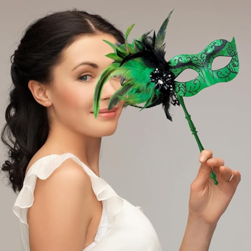 MYSEUNI 2025 New Green Masquerade Mask for Women with Stick - Shiny Women's Feather Mardi Gras Mask Green for Halloween Parties, Carnival, Cosplay Prom, Christmas, Wedding, Bar, Costume Accessory - Image 5