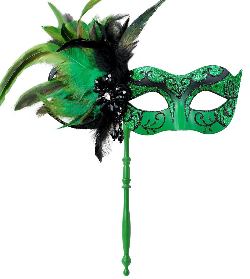 MYSEUNI 2025 New Green Masquerade Mask for Women with Stick - Shiny Women's Feather Mardi Gras Mask Green for Halloween Parties, Carnival, Cosplay Prom, Christmas, Wedding, Bar, Costume Accessory - Image 1