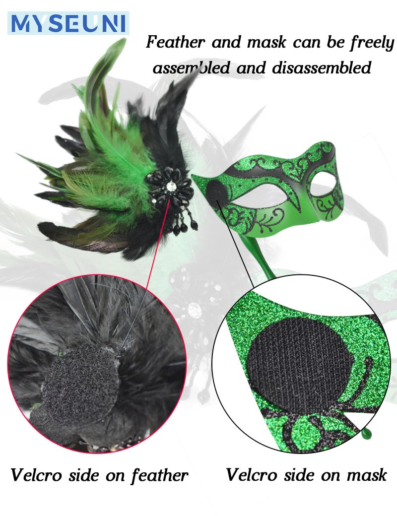 MYSEUNI 2025 New Green Masquerade Mask for Women with Stick - Shiny Women's Feather Mardi Gras Mask Green for Halloween Parties, Carnival, Cosplay Prom, Christmas, Wedding, Bar, Costume Accessory - Image 3