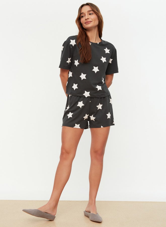 trendyol Multicolor 100% Cotton Star Patterned Knitted Pajama Set with Shorts - Image 2