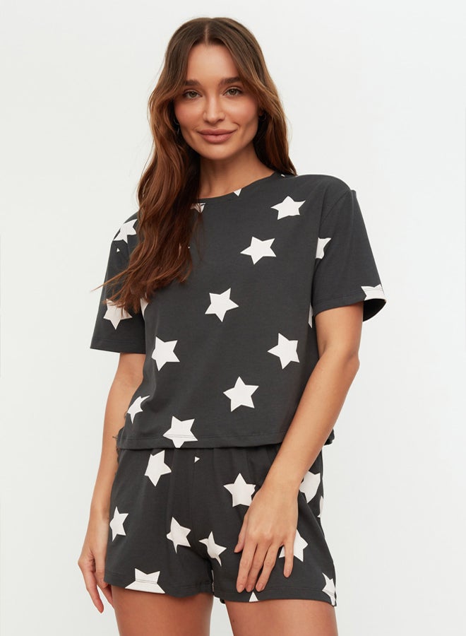 trendyol Multicolor 100% Cotton Star Patterned Knitted Pajama Set with Shorts - Image 1