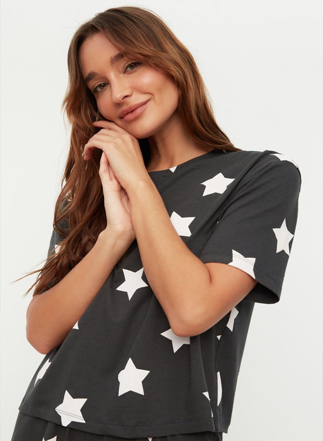 trendyol Multicolor 100% Cotton Star Patterned Knitted Pajama Set with Shorts - Image 3