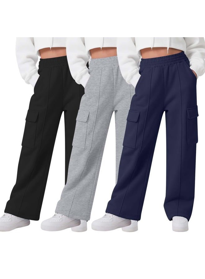 LessonZoo 3 Pack Girls Wide Leg Sweatpants Cargo Pants High Waisted Baggy Causal Loose Kids Elastic Waistband Pants Joggers, Navy, Light Gray, Black, 13-14 Years - Image 1