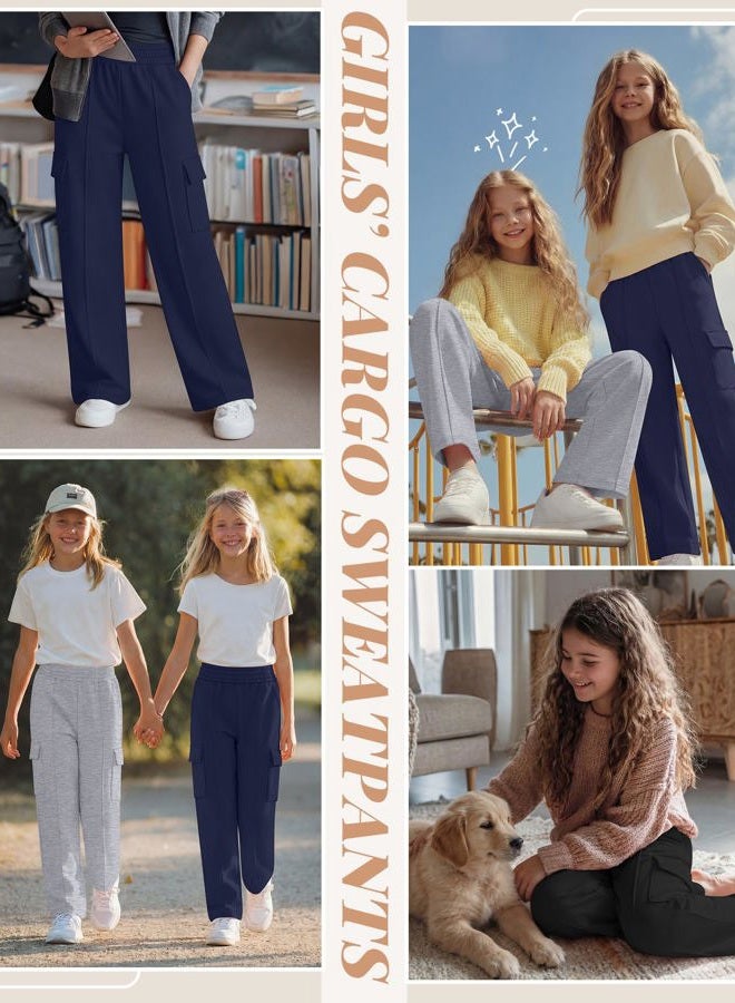 LessonZoo 3 Pack Girls Wide Leg Sweatpants Cargo Pants High Waisted Baggy Causal Loose Kids Elastic Waistband Pants Joggers, Navy, Light Gray, Black, 13-14 Years - Image 2