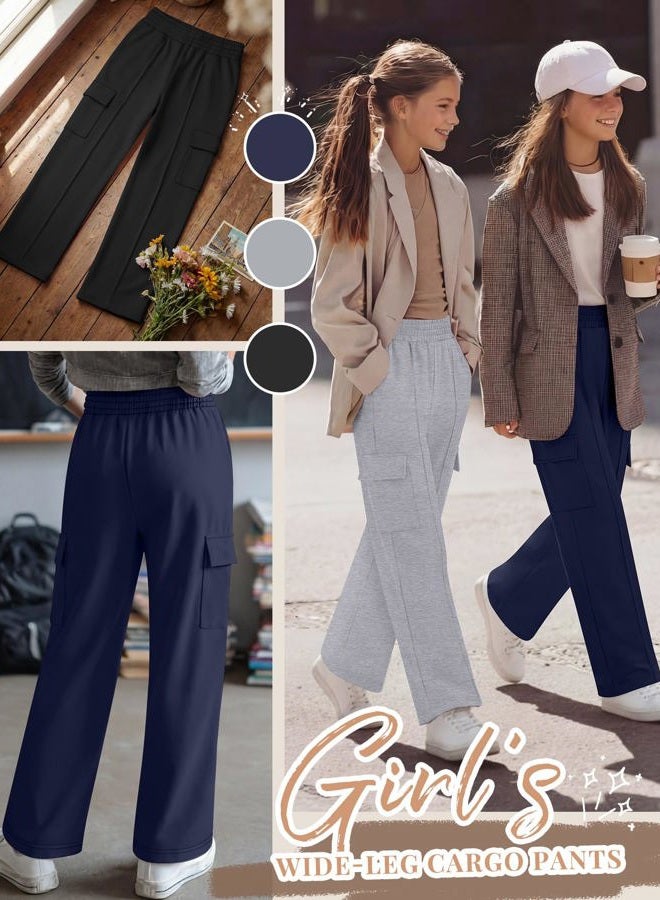 LessonZoo 3 Pack Girls Wide Leg Sweatpants Cargo Pants High Waisted Baggy Causal Loose Kids Elastic Waistband Pants Joggers, Navy, Light Gray, Black, 13-14 Years - Image 3