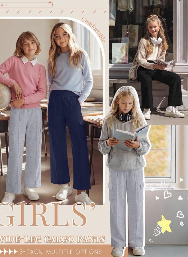 LessonZoo 3 Pack Girls Wide Leg Sweatpants Cargo Pants High Waisted Baggy Causal Loose Kids Elastic Waistband Pants Joggers, Navy, Light Gray, Black, 13-14 Years - Image 5