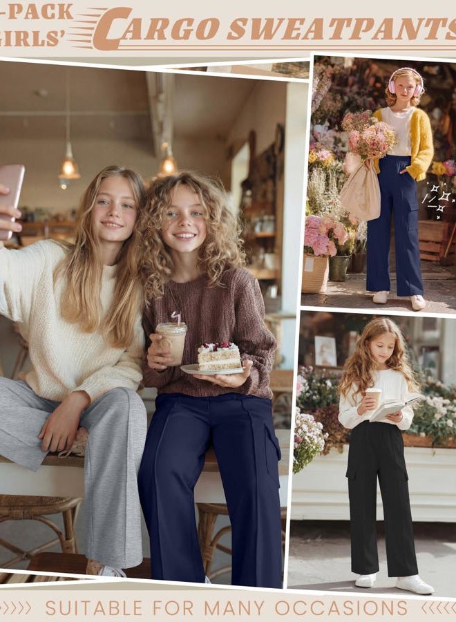 LessonZoo 3 Pack Girls Wide Leg Sweatpants Cargo Pants High Waisted Baggy Causal Loose Kids Elastic Waistband Pants Joggers, Navy, Light Gray, Black, 13-14 Years - Image 4