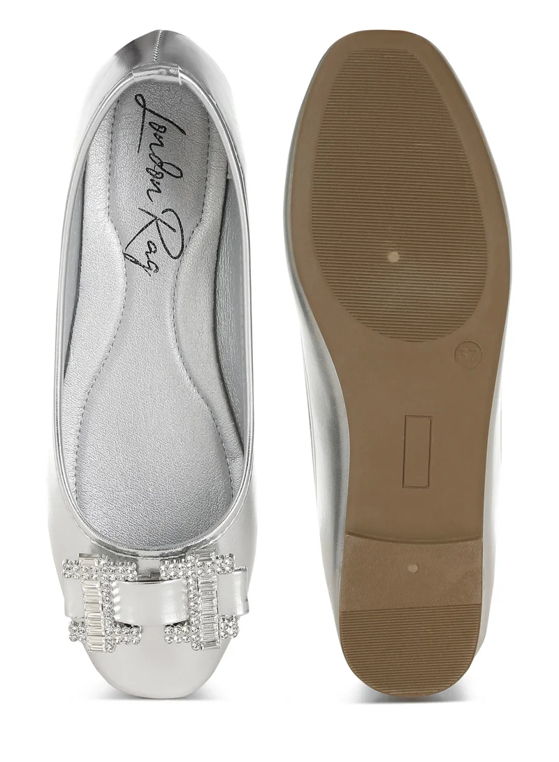 London Rag Rhinestone Buckle Metallic Ballerinas in Silver