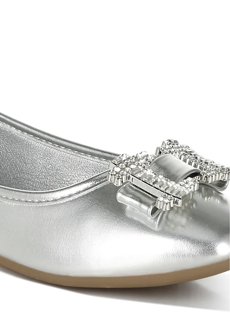 London Rag Rhinestone Buckle Metallic Ballerinas in Silver
