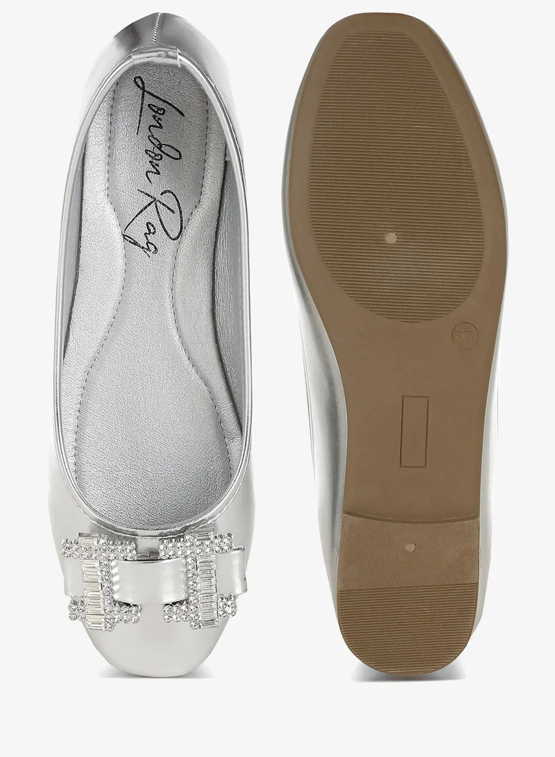 London Rag Rhinestone Buckle Metallic Ballerinas in Silver