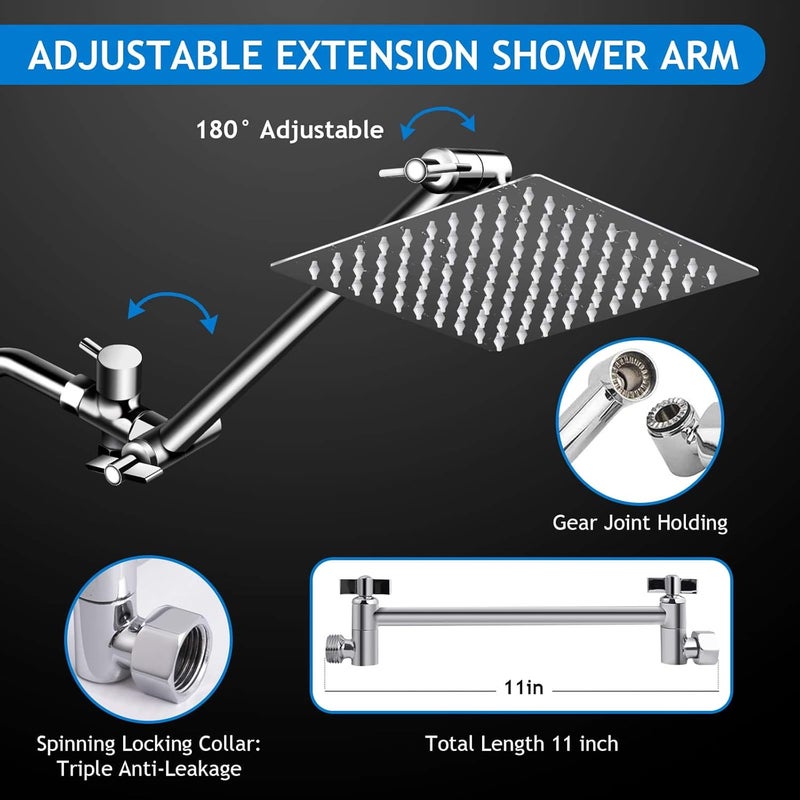 PinWin Shower Head Combo,8 Inch High Pressure Rain Shower Head with 11 Inch Adjustable Extension Arm and 5 Settings Handheld Shower Head Combo,Powerful Shower Spray Against Low Pressure Water with Long Hose - Image 5