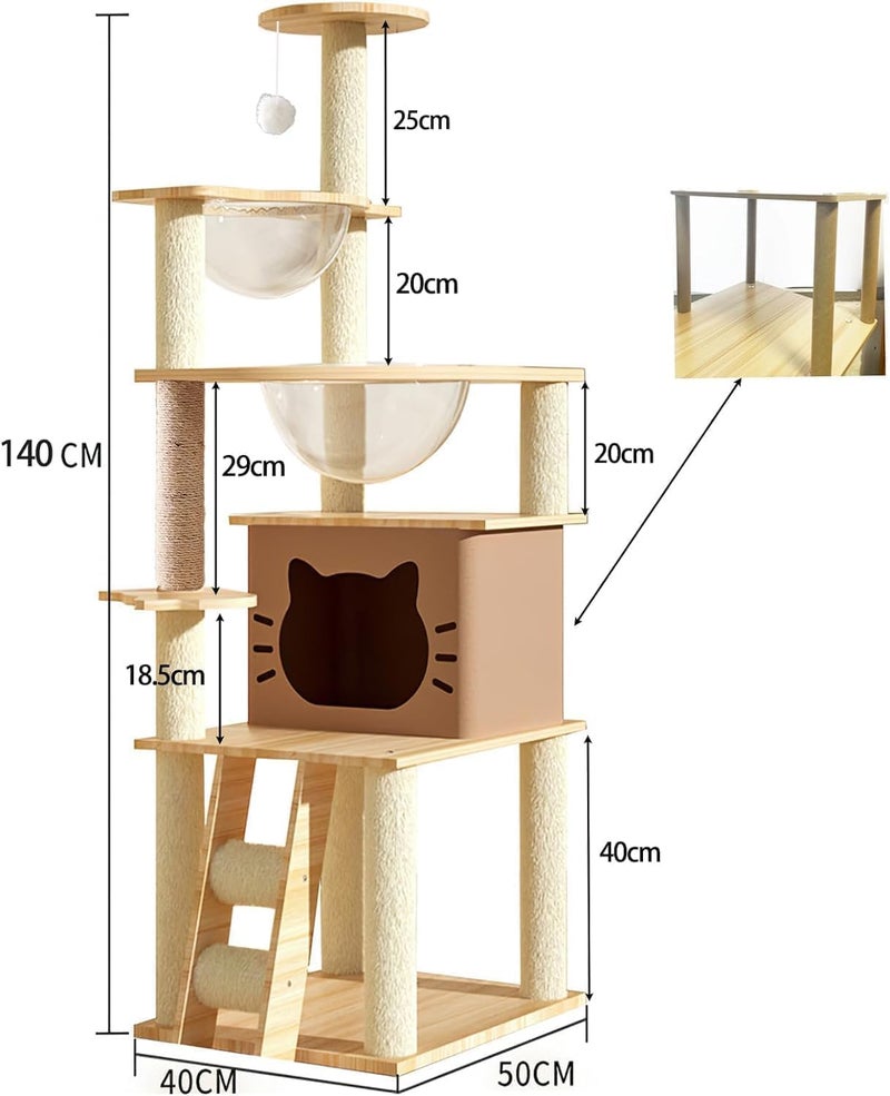 Cat Tree Tower With Climbing Frame,140 CM Wooden Cat Tree, Multi Level Condo With 2 Transparent Capsule, House, 2 Perches, 10kg Weight Capacity, Activity Center for cat to Play - Image 3