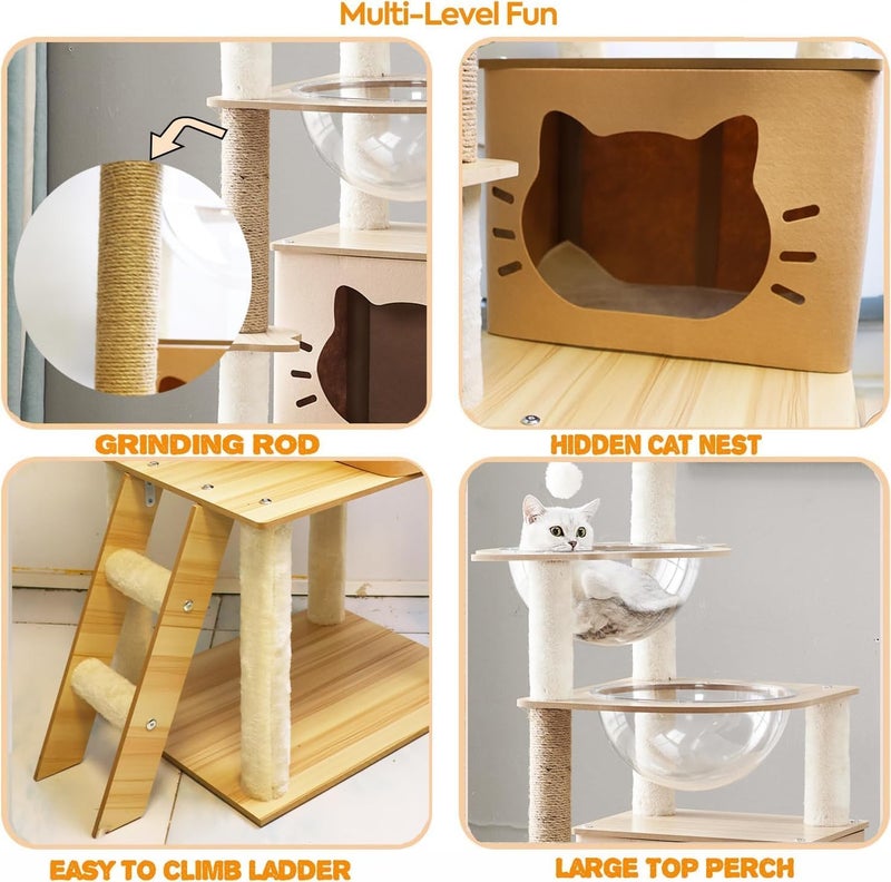 Cat Tree Tower With Climbing Frame,140 CM Wooden Cat Tree, Multi Level Condo With 2 Transparent Capsule, House, 2 Perches, 10kg Weight Capacity, Activity Center for cat to Play - Image 5