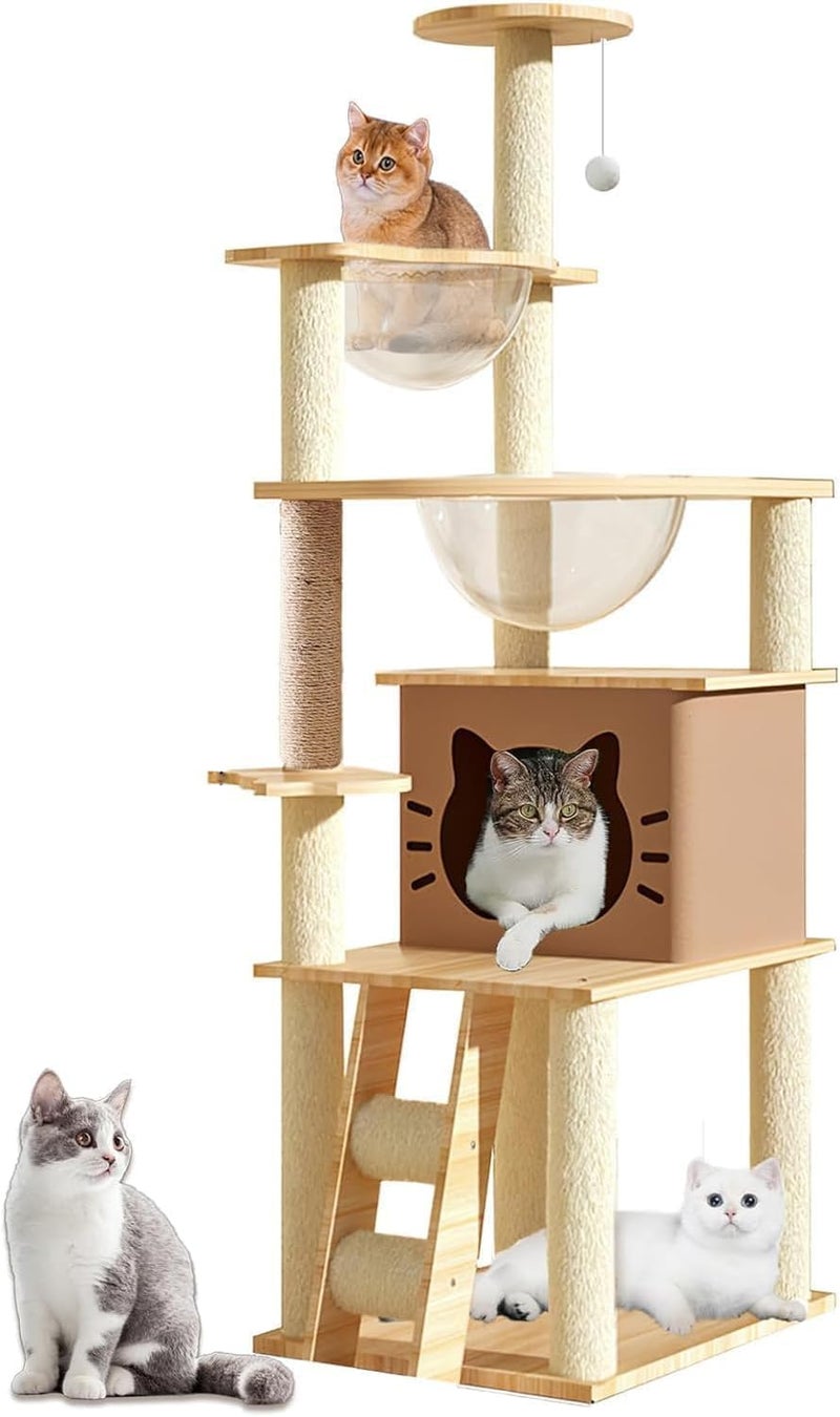 Cat Tree Tower With Climbing Frame,140 CM Wooden Cat Tree, Multi Level Condo With 2 Transparent Capsule, House, 2 Perches, 10kg Weight Capacity, Activity Center for cat to Play - Image 1