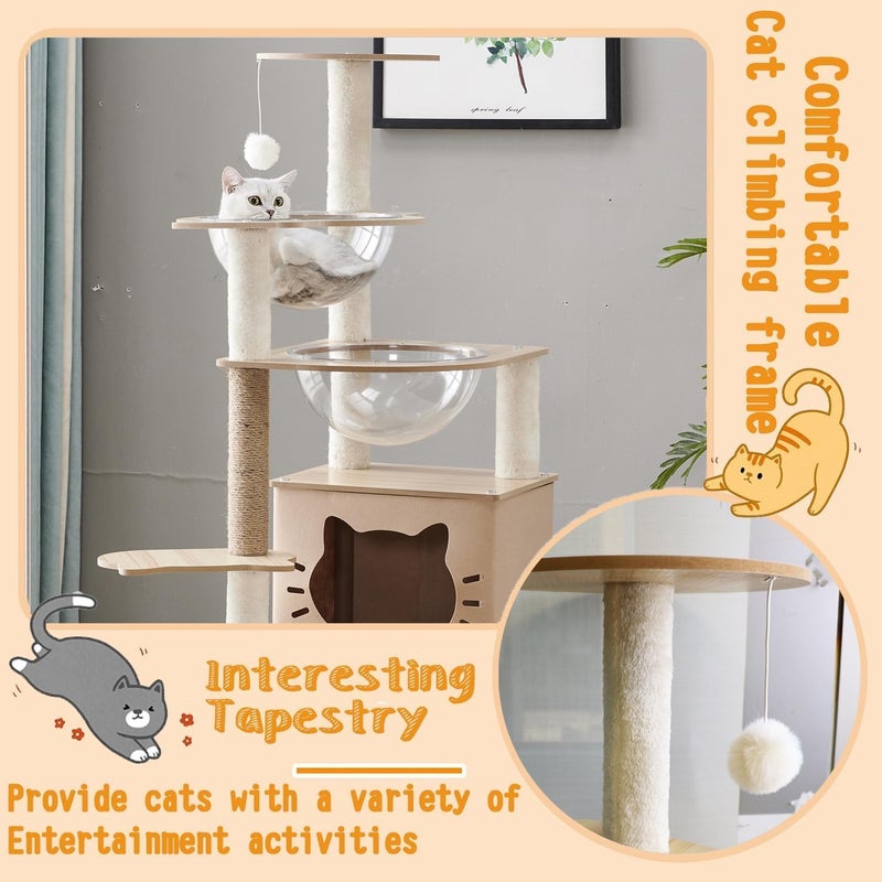 Cat Tree Tower With Climbing Frame,140 CM Wooden Cat Tree, Multi Level Condo With 2 Transparent Capsule, House, 2 Perches, 10kg Weight Capacity, Activity Center for cat to Play - Image 4