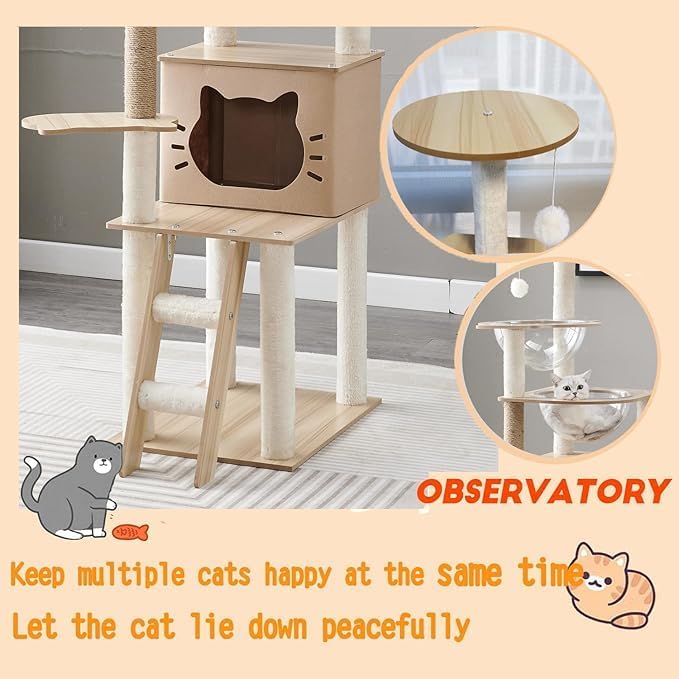 Cat Tree Tower With Climbing Frame,140 CM Wooden Cat Tree, Multi Level Condo With 2 Transparent Capsule, House, 2 Perches, 10kg Weight Capacity, Activity Center for cat to Play - Image 2