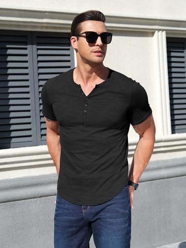 Comdecevis Men's Henley Shirts Short Sleeve Regular Fit Shirts Vintage Casual Button V Neck T-Shirts for Men Black - Image 4
