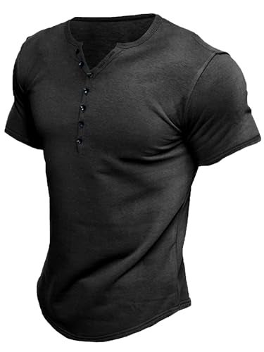 Comdecevis Men's Henley Shirts Short Sleeve Regular Fit Shirts Vintage Casual Button V Neck T-Shirts for Men Black - Image 1
