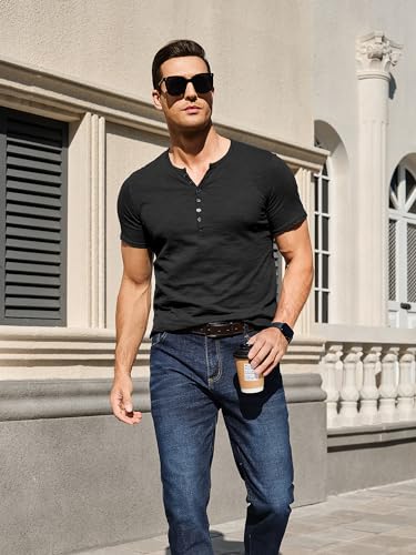 Comdecevis Men's Henley Shirts Short Sleeve Regular Fit Shirts Vintage Casual Button V Neck T-Shirts for Men Black - Image 3