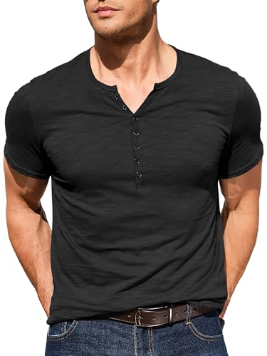 Comdecevis Men's Henley Shirts Short Sleeve Regular Fit Shirts Vintage Casual Button V Neck T-Shirts for Men Black - Image 2