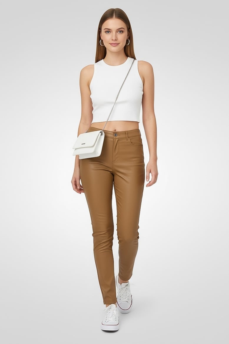 INC Women Regular Fit Leather Skinny Leg Pants, Brown - Image 2
