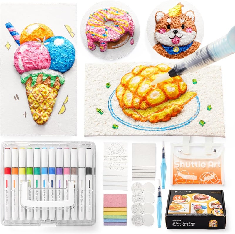 Shuttle Art 44 Pcs Magic Form Texture Painting Kit, Including 28 Pcs Foam Texture Paper, 12 Colors Brush Tip Acrylic Paint Markers, Magical 3D Effect Texture Painting Kit - Image 1