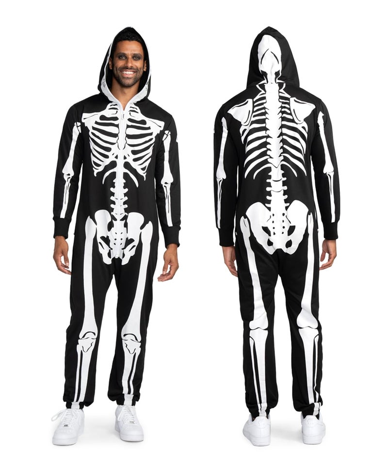 Tipsy Elves Halloween Skeleton Costume for Men - Comfy Adult Skeleton Jumpsuit with Hood - Men's White Bones Jumpsuit Halloween Costume with Full Zip Hood Size X-Large - Image 1