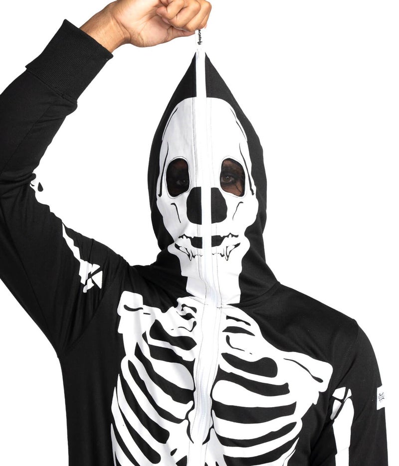 Tipsy Elves Halloween Skeleton Costume for Men - Comfy Adult Skeleton Jumpsuit with Hood - Men's White Bones Jumpsuit Halloween Costume with Full Zip Hood Size X-Large - Image 2