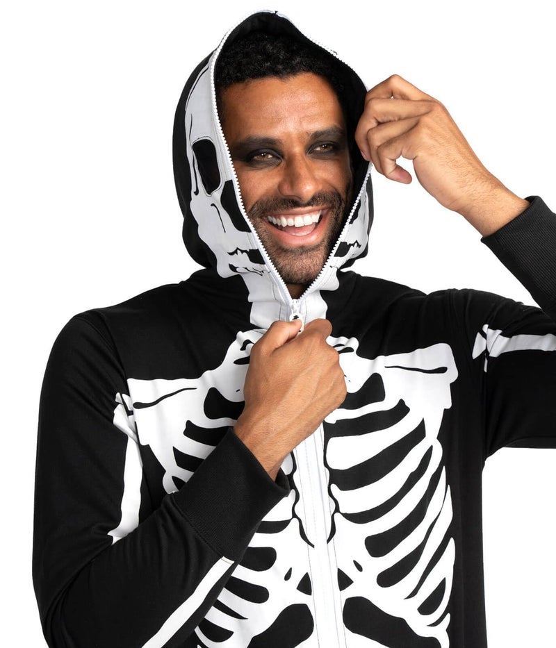 Tipsy Elves Halloween Skeleton Costume for Men - Comfy Adult Skeleton Jumpsuit with Hood - Men's White Bones Jumpsuit Halloween Costume with Full Zip Hood Size X-Large - Image 3